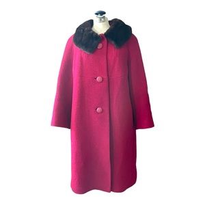 Vintage Red Wool Coat Mink Fur Collar 50s 60s Mid Century